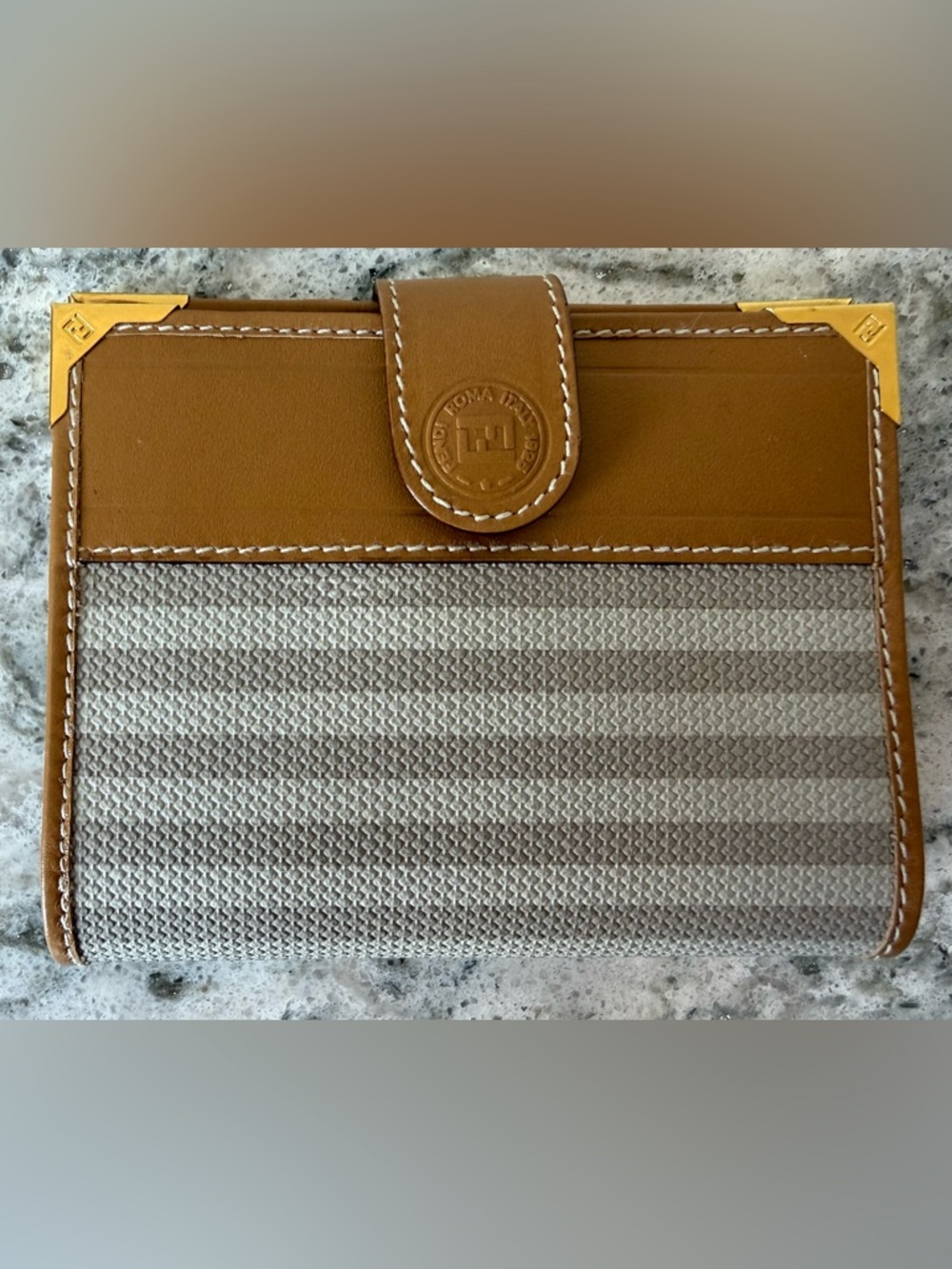 Fendi Tan Leather-Trim Card/Photo Holder.